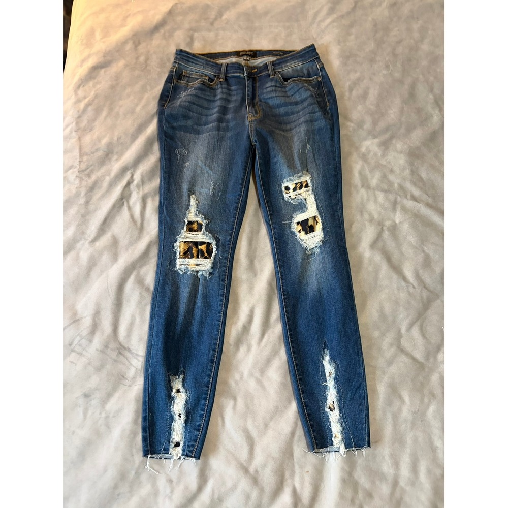 Judy Blue Los Angeles Skinny Distressed Leopard Patch Jeans Medium Wash 11/30